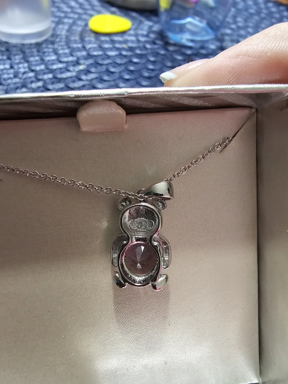 Sterling Silver Teddy Pendant Necklace with Purple Gem